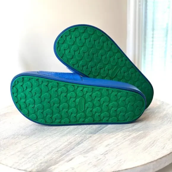 Tory Burch Lina Slide Sandals - Blue Textured with Green Logo - Size 5M US 5